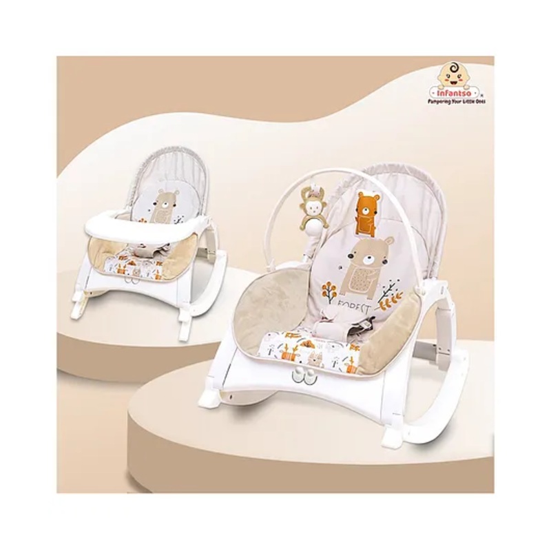 Infantso Baby Rocker Cum Baby Feeding Chair With Vibration & Soothing Music|Adjustable Backrest Recline Feature Rocker| Detachable Toy Bar & Food Tray – Beige