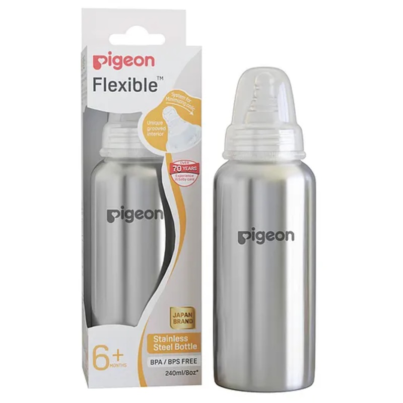 Pigeon Flexible Stainless Steel Feeding Bottle With Plastic Hood & Cap – 240 ml
