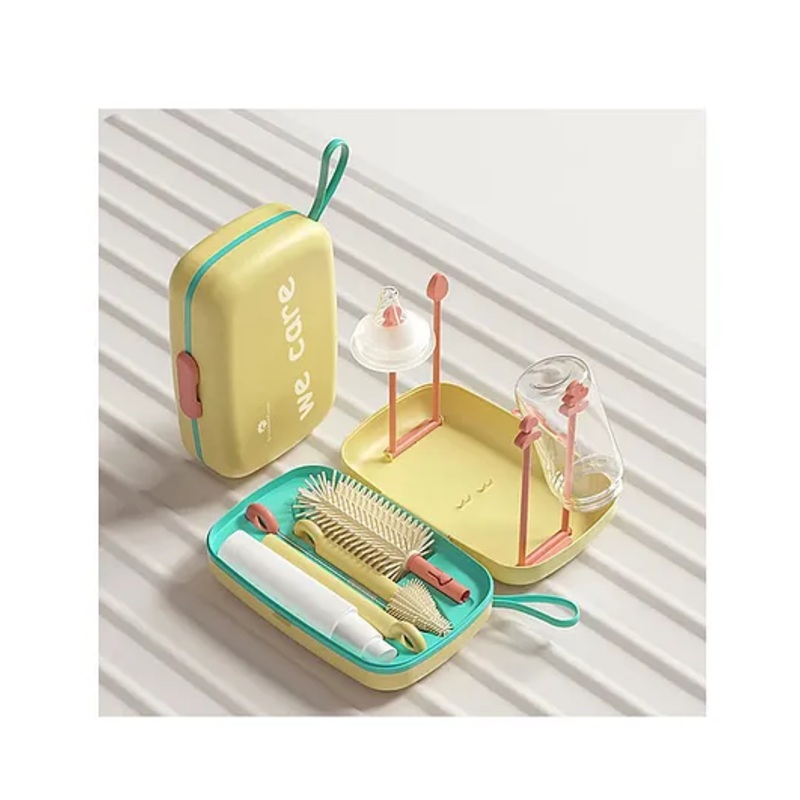 StarAndDaisy ‘We Care’ Baby Bottle brush Cleaner Set with Removable drying stand Tray  Baby Bottles Drying Rack with Storage Box, soap dispenser, baby travel essential bottle brush set  Yellow