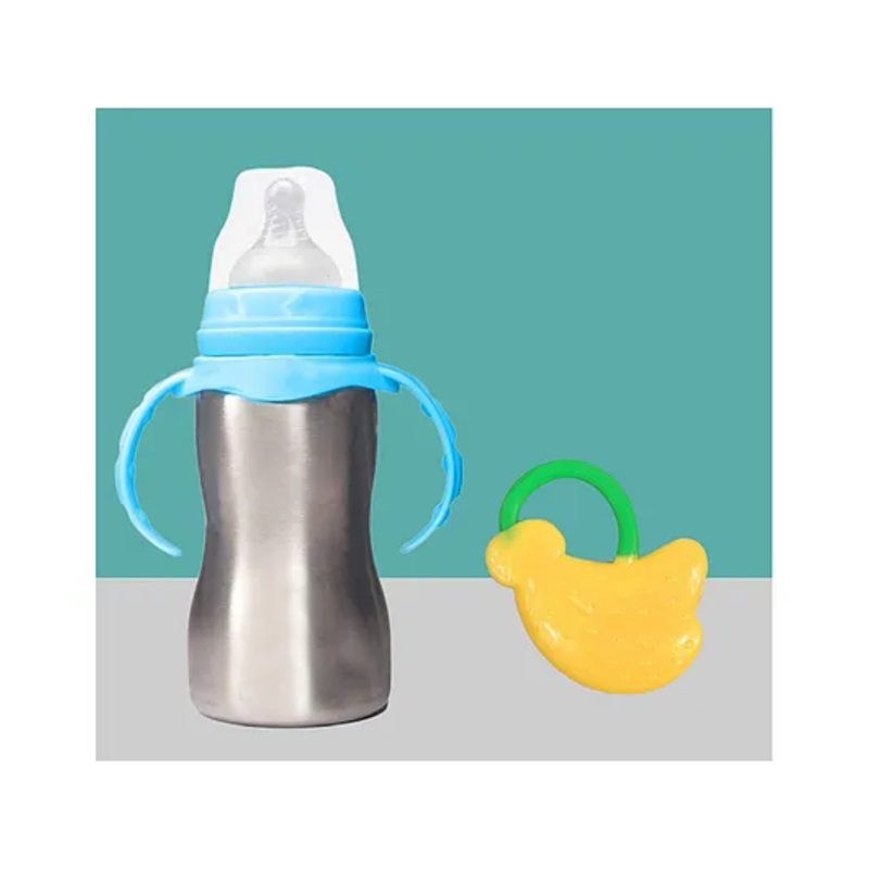 The Cheeky Kidzz Baby 2 in 1 Multi-functional Baby Stainless Steel Milk Juice Feeding Bottle Cum Sipper Bottle With Fruit Shape Silicone Banana Shape Teether Bpa Free (Yellow) 240 ml