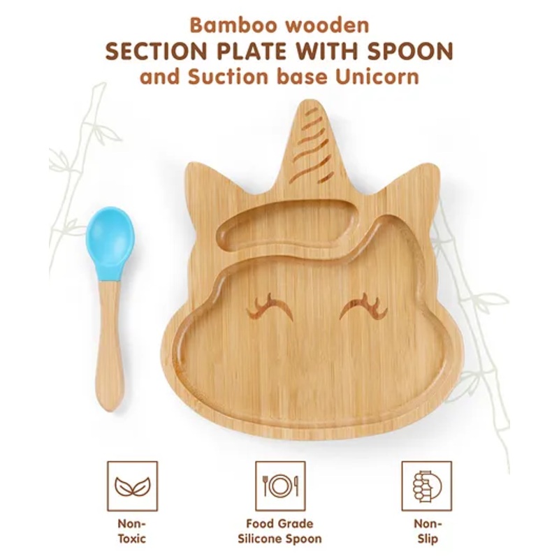 Unicorn Shaped Bamboo Wooden 2 Compartment Section Plate with Spoon – Blue