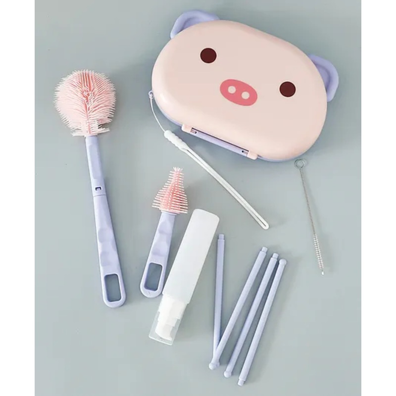 Baby Bottle Brush Cleaner Set With Removable Drying Stand Tray Baby Bottles Drying Rack With Storage Box,Soap Dispenser, Baby Travel Essential Bottle Brush Set – Pink