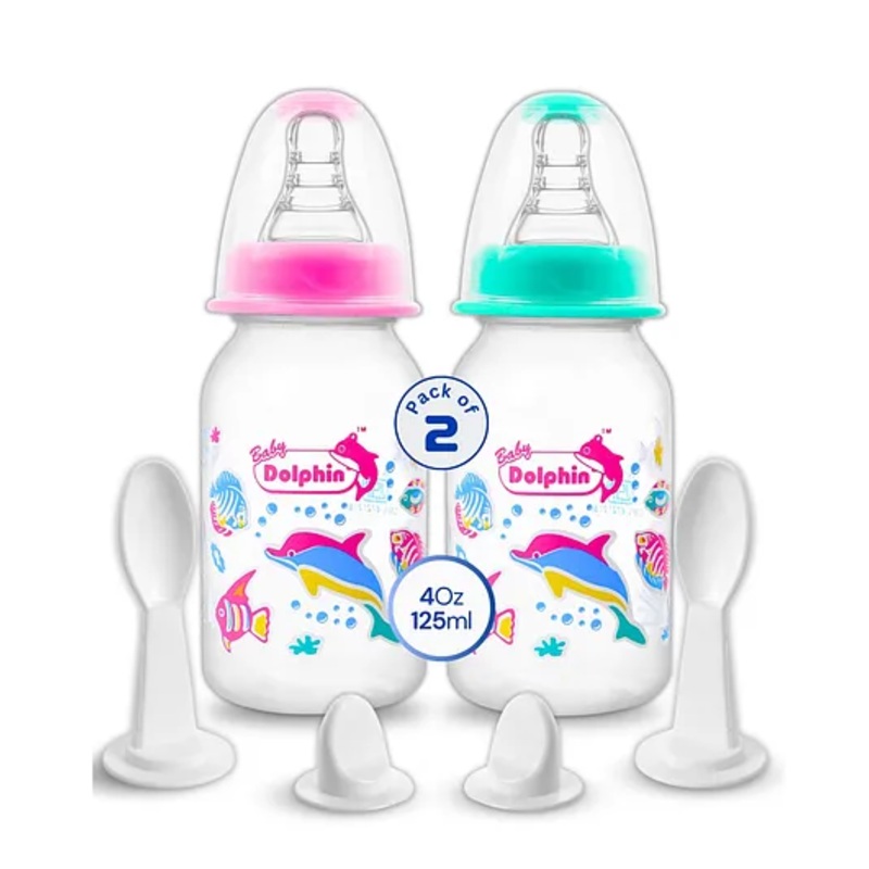 Baby Dolphin Anti-Colic 2 in 1 Spoon Feeding Bottle, BPA Free, Contains Spoon- 125ml, Pink & Green (Pack of 2)