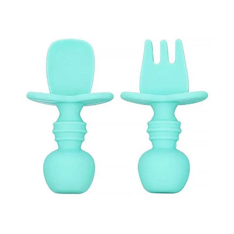 BabyGo Best Baby Weaning Spoon & Fork Set, Chewable Silicone Utensils, Stage 1 Training Utensils, Baby Led Self Feeding, Gum Friendly, Bpa Free – Blue