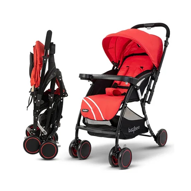 Baybee Convertible Baby Stroller for Newborn Babies with Aluminum Frame 3-Position Adjustable Canopy Reversible Seat Bassinet Safety harness Storage Basket & Rear Brake – Red