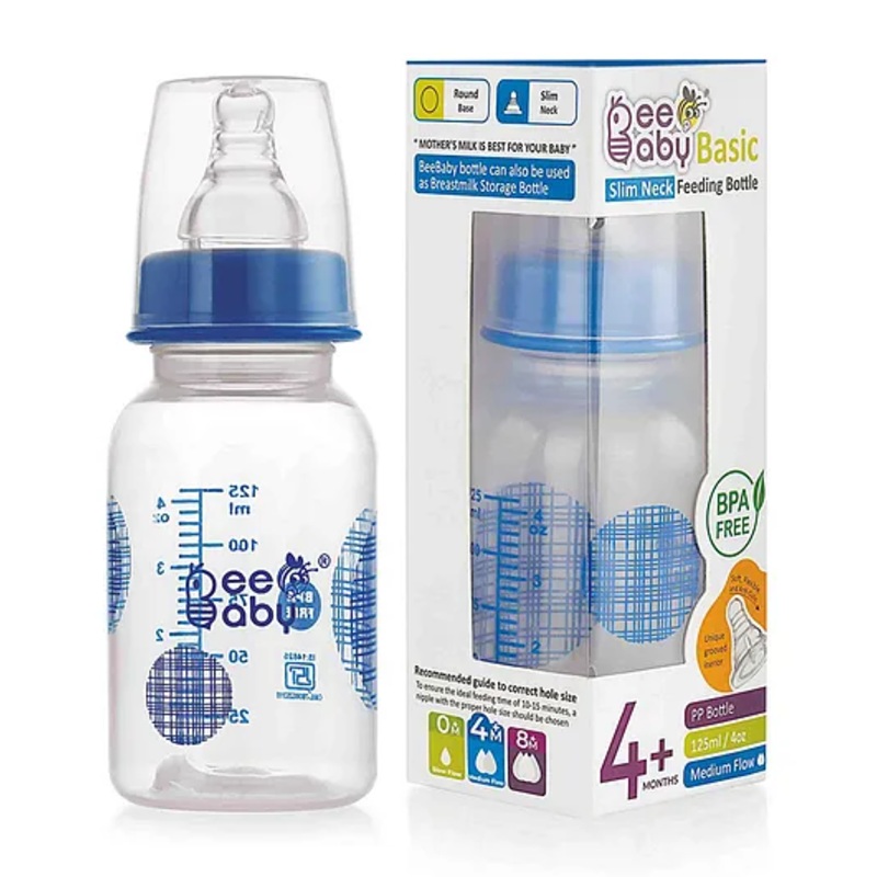 BeeBaby Basic Slim Neck Baby Feeding Bottle with Anti – Colic Nipple Blue – 125 ml
