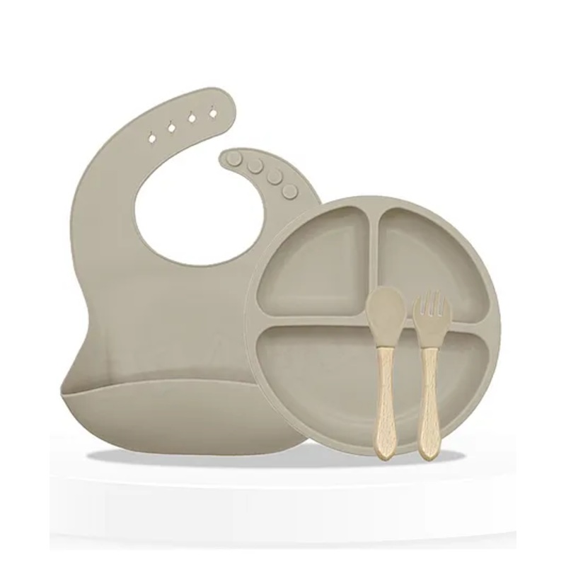 Bembika Baby Dinner Set Silicone Tableware Set With Bib For Baby Infant Pack Of 4  Beige