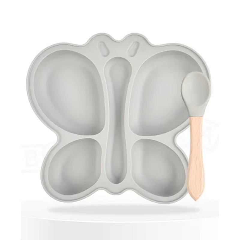 Bembika Baby Feeding Essential Baby Dinner Set Silicone Tableware Set for Baby Butterfly Design Pack Of 2 – Grey