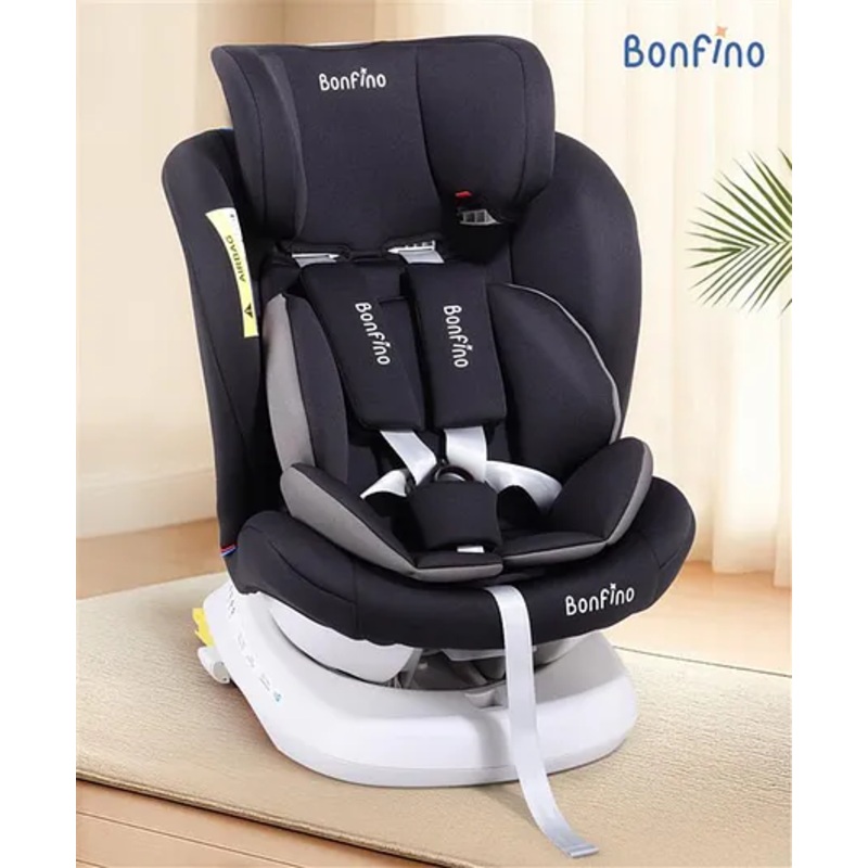 Bonfino Compass Isofix Convertible Car Seat, 360 Swivel, 5-Point Harness, Adjustable Headrest, Premium Linen Fabric – Black| Reclining Seat| Washable Cover