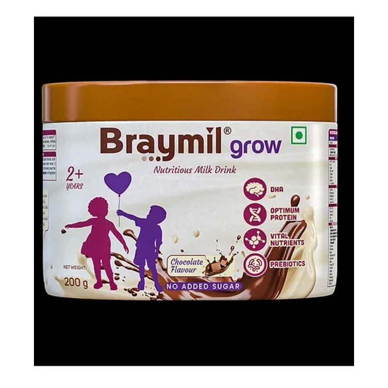 Braymil Grow|nutritious  Chocolate Milk Drink Powder for Toddlers No Added Sucrose | Enriched with DHA, Protein & Essential Nutrients | 200g Jar Pack
