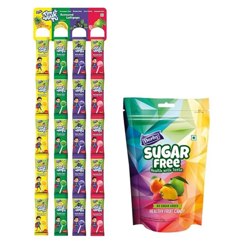 Derby Combo Pack Of Delightful Tim Buk Tu Assorted Lollipop Strip and Sugar Free Fruit Flavoured Candy Standy Pouch