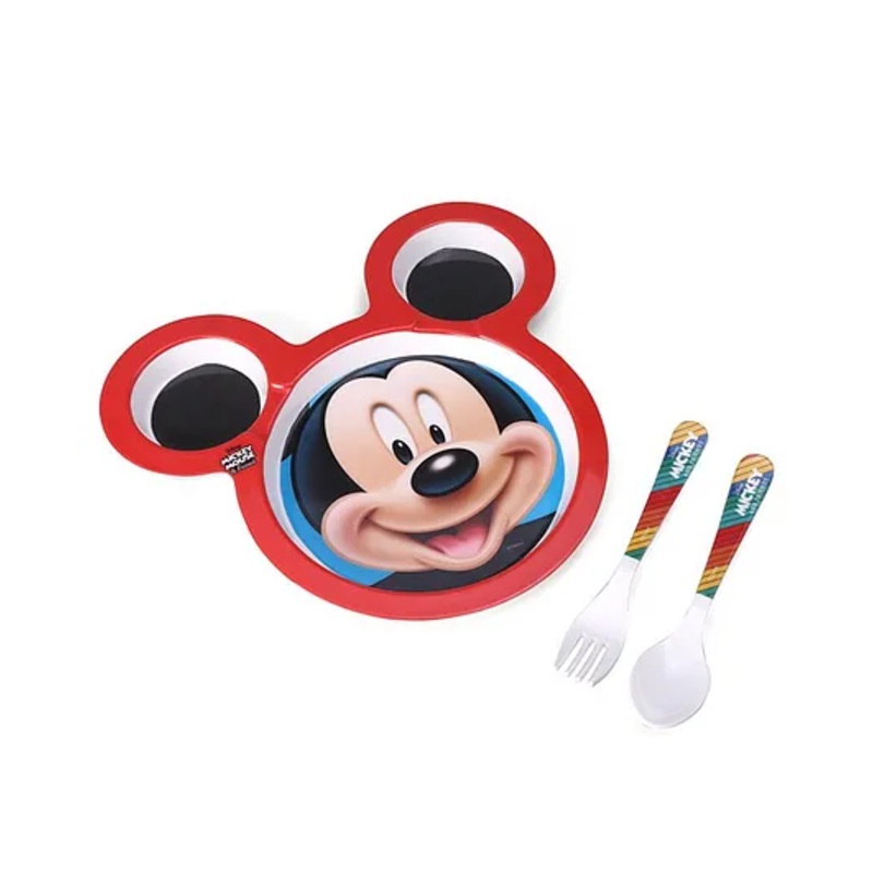 Servewell Rectangular 3 Partition Plate with Spoon and Fork Mickey Mouse Shape –  (Color and design may vary)