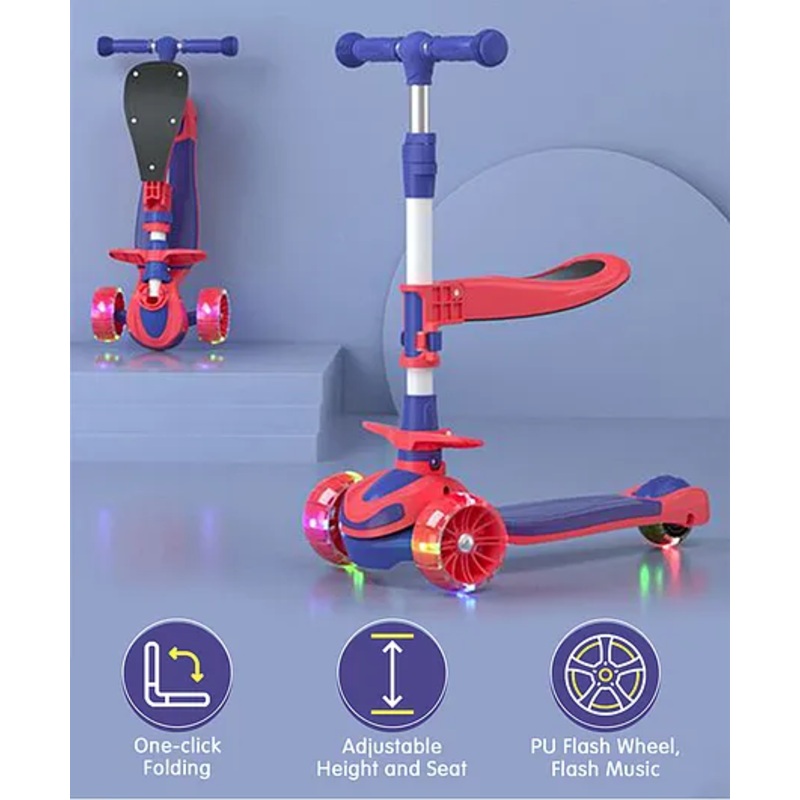 Stand And Cruise 3 Wheel Kids Scooter With Adjustable Height Removable Seat With LED Deck And Wheels – Red & Purple| Compact Fold| Lean-to-Steer| Toy for 3 to 12 years Boys and Girls| Gifting Option