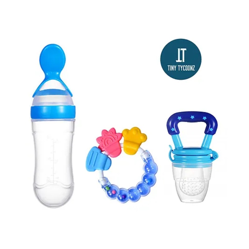 Tiny Tycoonz Combo of Fruit And Food Nibbler Spoon Feeder and Rattle Teether- Blue