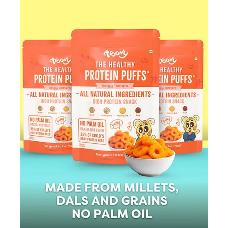 Troovy Healthy Tangy Tomato Protein Puffs | Tasty and High Protein Snacks | No Palm Oil, Cholesterol or Trans Fats, No Junk & Chemicals | Made with Six Millets and Grains | Tomato Flavored | 3 X 80 g