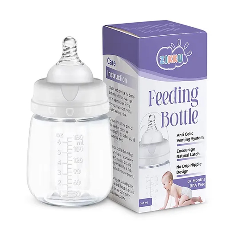 Zikku Newborn Baby Feeding Bottle with Anti-Colic Venting System, Natural Latch, No-Drip Nipple Design,180 ml