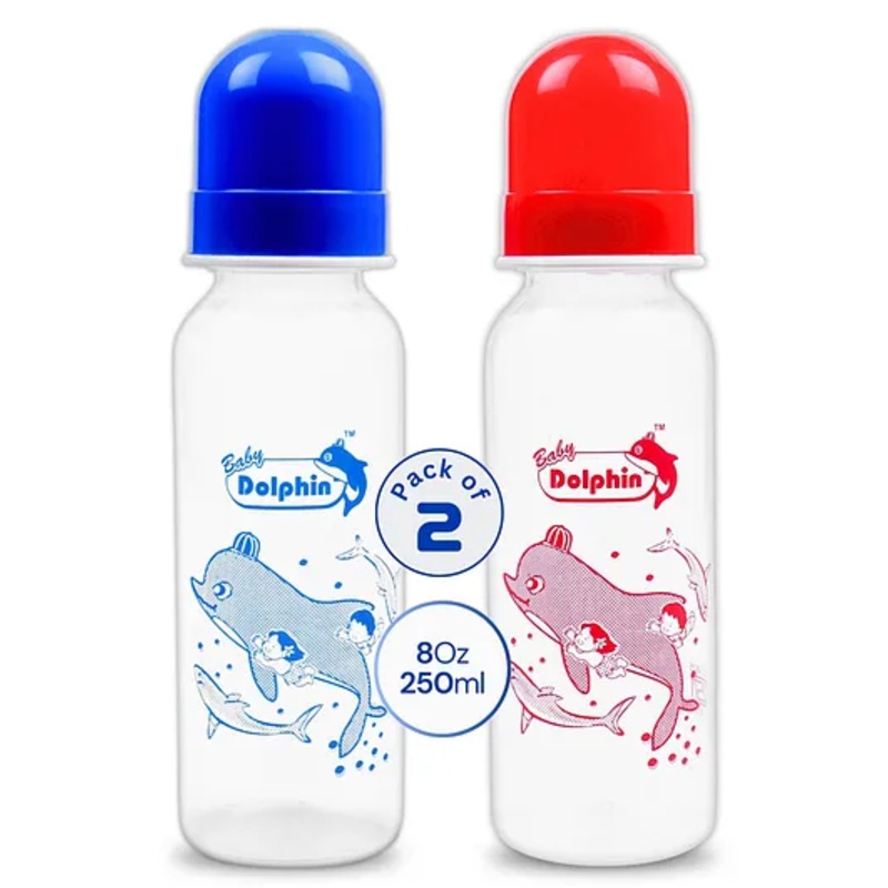 Baby Dolphin Plastic Feeding Bottle ,BPA Free, Anti-Colic – 250ml, Blue & Red (Pack of 2)