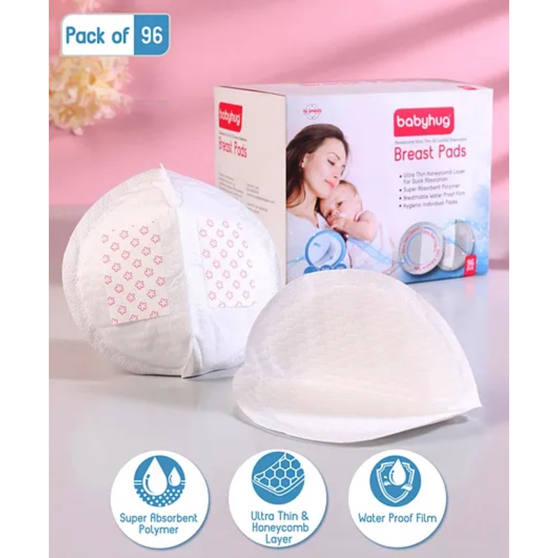 Babyhug Disposable Breast Pads-Pack of 96 |3D Contoured | Leak-Resistant |Ultra-Soft | Breathable Pads | Honey Comb design