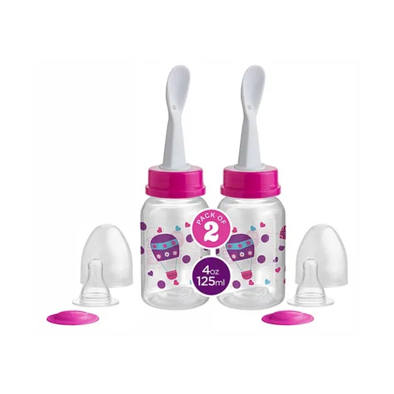 Beebaby 2 in 1 Gentle Slim Neck Baby Feeding Bottle with Nipple & Spoon Feeder Pink Pack of 2 – 125 ml Each