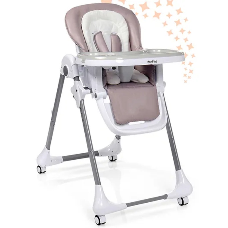 Bonfino Gourmet High Chair – 7-Level Adjustable Height, Portable with Wheels, Foldable – Light Grey| Reclining Seat| Removable Cover| Free-standing when Folded| Adjustable Leg Rest| Dishwasher Safe Double Food Tray