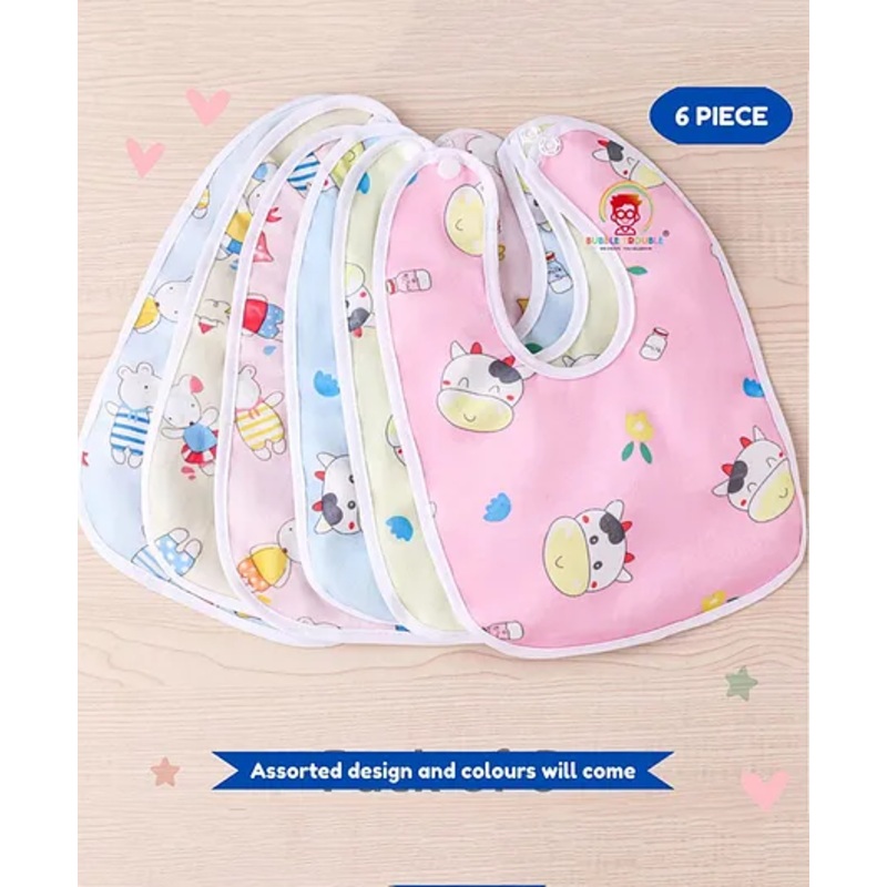 Bubble Trouble Waterproof Feeding Bibs with Snap Button Closure Print Pack of 6- Multicolour