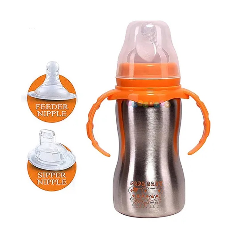DOMENICO 2 in 1 Stainless Steel Sipper Feeding Bottle Orange – 240 ml