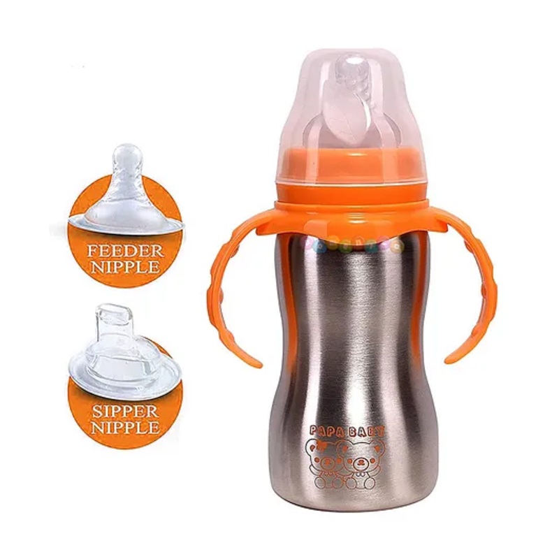Fantasy India World Baby Feeding Bottle High Grade Stainless Steel 2 in 1 Sipper and Feeding Bottle with Silicone Nipple Orange – 290 ml