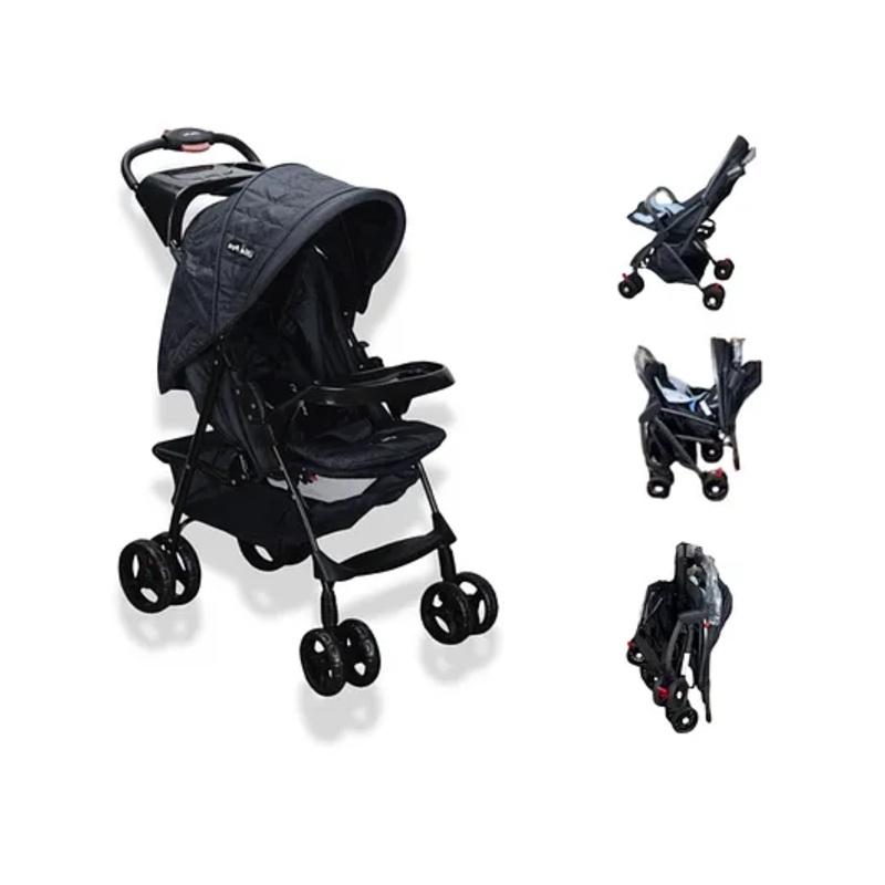 Little Pea Cruise Baby Stroller One Touch Fold, 5-Point Harness, Multi-Recline with two food-trays 0-4 years – Black