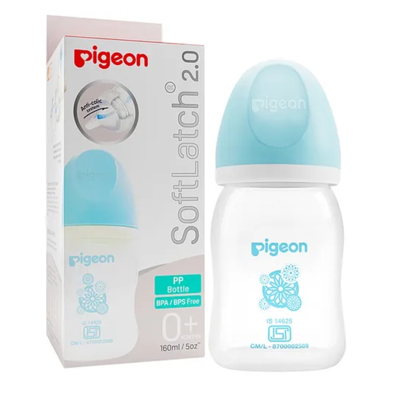 Pigeon Soft Latch 2.0 Anti Colic System Nursing Bottle With White Cap & Blue Hood – 160 ml