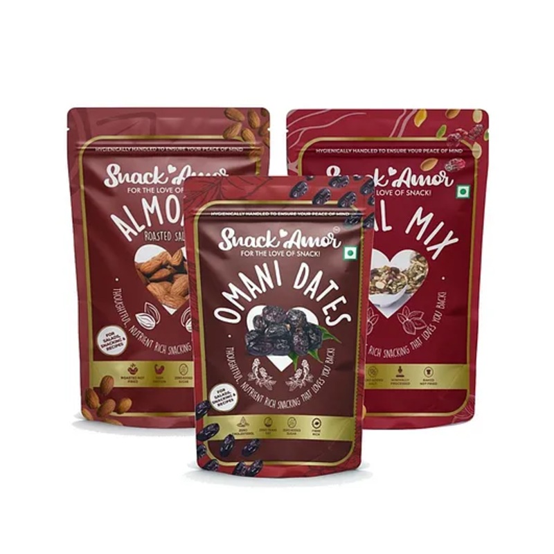 SnackAmor Combo Pack of  Premium International Omani Dates 250g Roasted Salted Almond 170g Trail Mix 175g