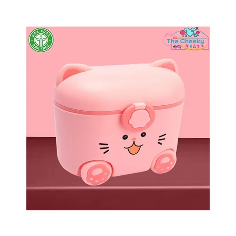 The Cheeky Kidzz Baby Milk Powder Cereal Formula Dispenser Scoop Cute Cat Face Print Box | Multifunctional Snack Meal Box Storage Container First Feed Box (PINK)