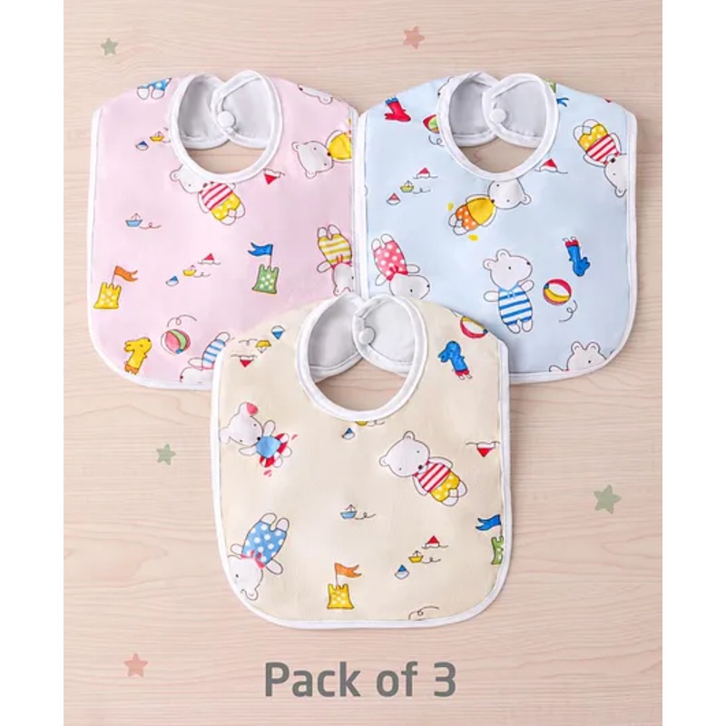 Zoe Waterproof Feeding Bibs with Snap Button Closure Puppy Print Pack of 3- Multicolour