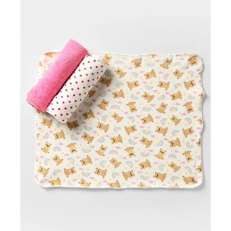 Ben Benny Terry Cotton Knit Super Absorbent Hand & Face Towels with Dotted Design Teddy Print & Solid Pack of 3 L 27 x B 25 cm – Pink & White