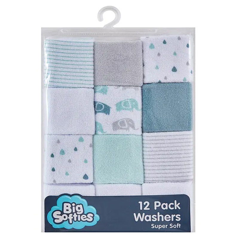 Big Softies Baby Terry Washers|Baby Napkins|Towelling|Cotton Blend|Super Absorbent & Soft|Baby’s Hygiene|Soft Pastel Colours & Prints for Boys|Pack of 12