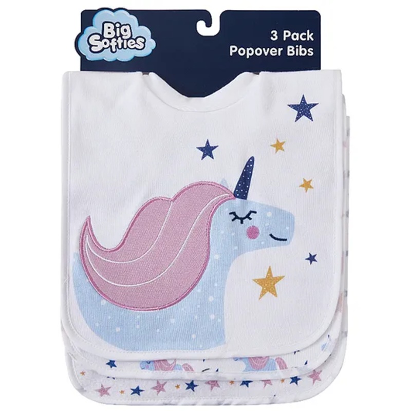 Big Softies Popover Bibs Printed & Applique Embroidery Soft Stretchable Rib Neck Blended Cotton Ultra Soft & Super Absorbent For Drooling, Teething & Feeding For Girls 6-36 Months Pack of 3-Unicorn