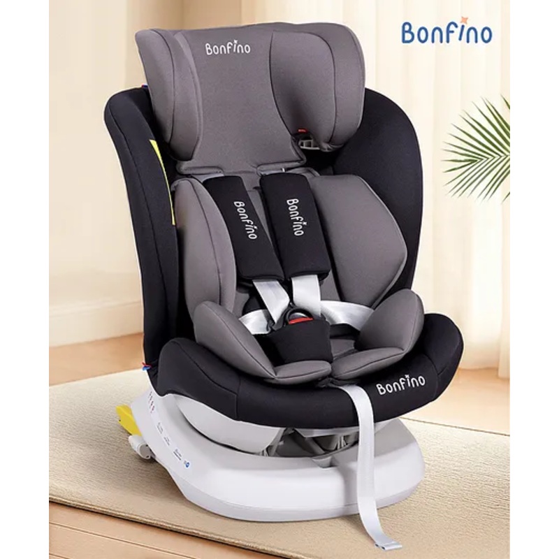 Bonfino Compass Isofix Convertible Car Seat, 360 Swivel, 5-Point Harness, Adjustable Headrest, Premium Linen Fabric – Grey| Reclining Seat| Washable Cover