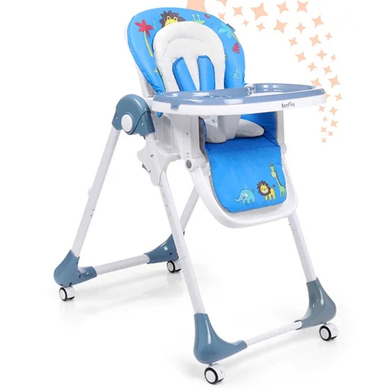 Bonfino Gourmet High Chair – 7-Level Adjustable Height, Portable with Wheels, Foldable – Blue| Reclining Seat| Removable Cover| Free-standing when Folded| Adjustable Leg Rest| Dishwasher Safe Double Food Tray