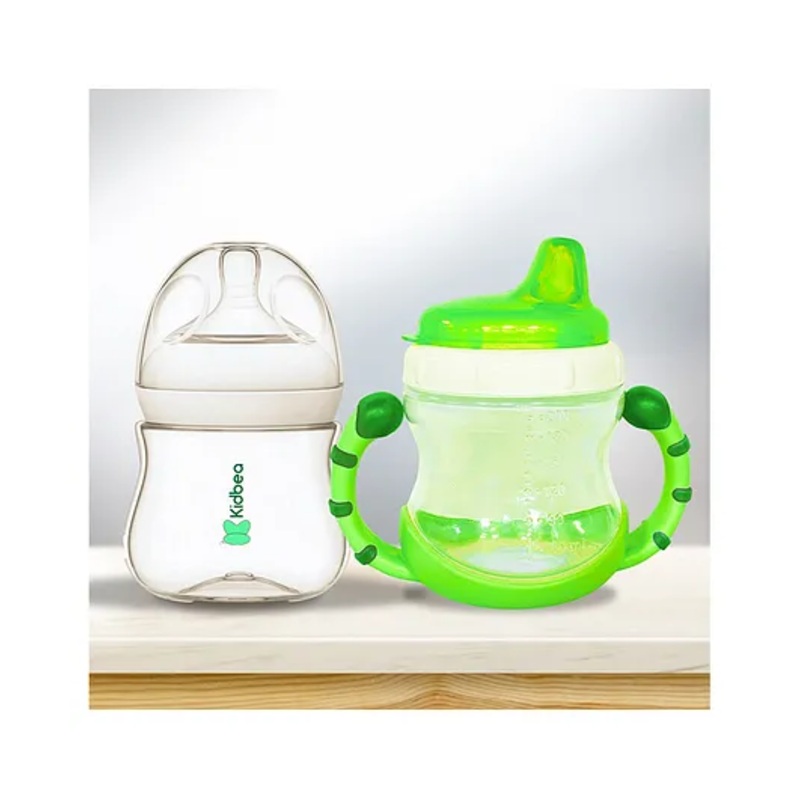 Kidbea Natural Milk Feeding Bottle, BPA-Free, Soft Nipple, Anti-Colic Design, 150 ml with Baby Feeding Sipper Cup Bottle | 200ml Wide Neck – Green
