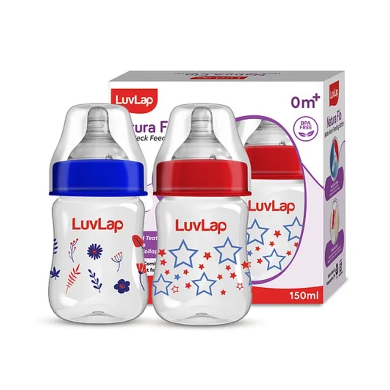 LuvLap 150ml Wide Neck Baby Feeding Bottle, PP, BPA Free, 0m+, Pack of 2 (Stars, Red Blue Floral)