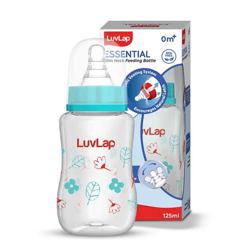 LuvLap Anti-Colic Slim Wild Flowers, BPA-Free Regular Neck Baby Feeding Bottle, 125ml, Green
