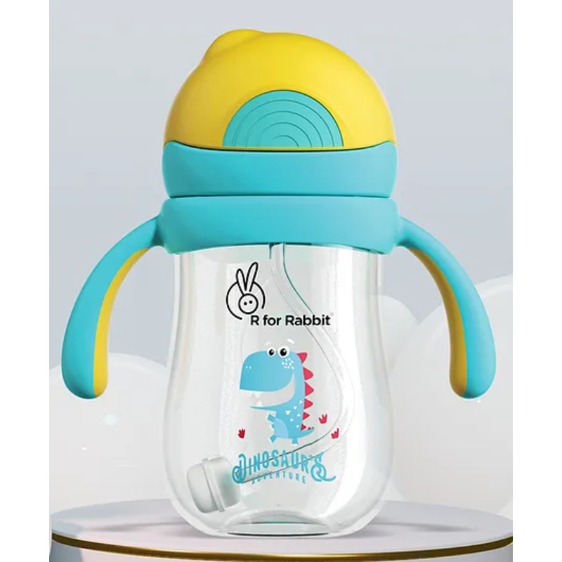 R for Rabbit Tritan Dino 320ml Baby Straw Sipper for Kids | Twin Handle Non Toxic BPA Free Soft Silicone Straw Sippy Bottle | Leak Proof Drinking Sippy Cup for 12+ Months Babies (Yellow Blue)