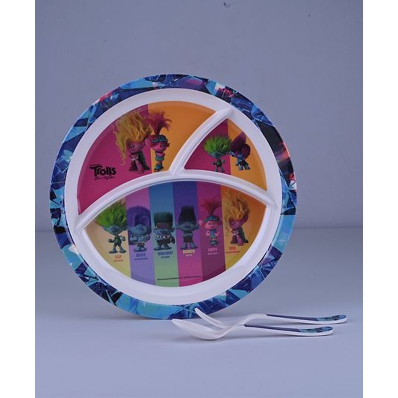 Servewell 3 Partition Plate with Spoon and Fork Trolls Theme – Multicolor (Color and design may vary)