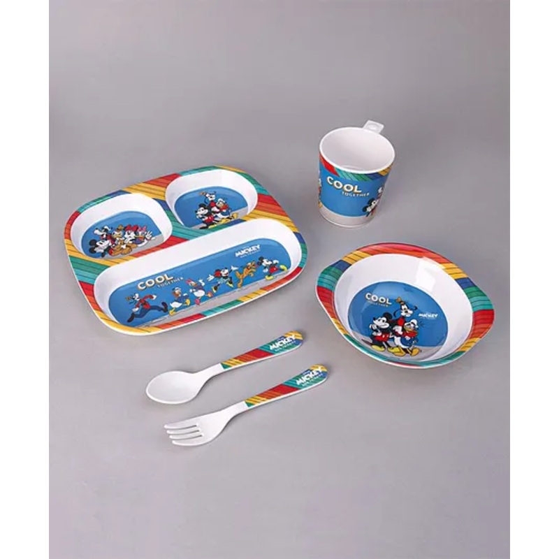 Servewell Mickey Theme 3 Section Plate with Fork & Spoon & Mug Bowl- Multicolor (Color and design may vary)