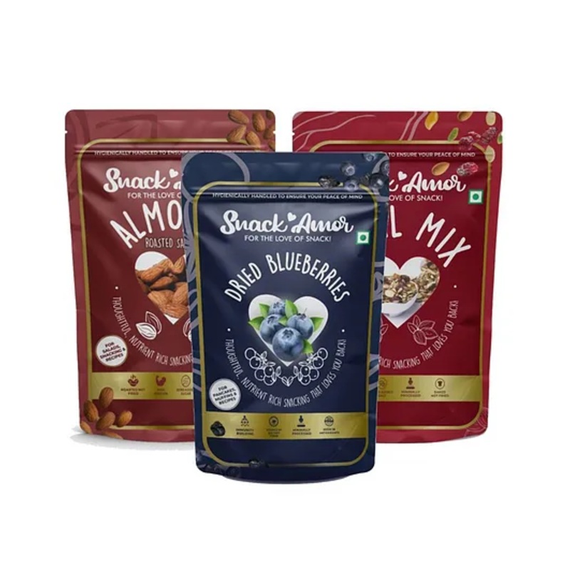 SnackAmor Combo Pack of Premium International Dried Blueberry 100g Trail Mix 175g Roasted Salted Almond 170g