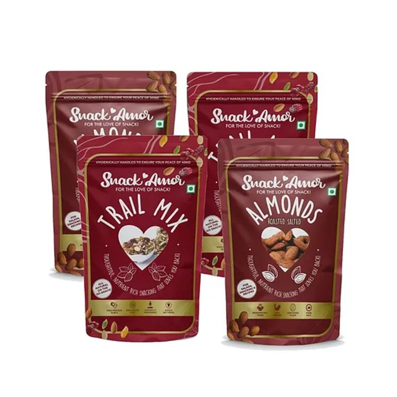 SnackAmor Premium Combo Pack Of Roasted Salted Almond Pack of 2 (170g each) And Trial Mix Pack of 2 (175g each)
