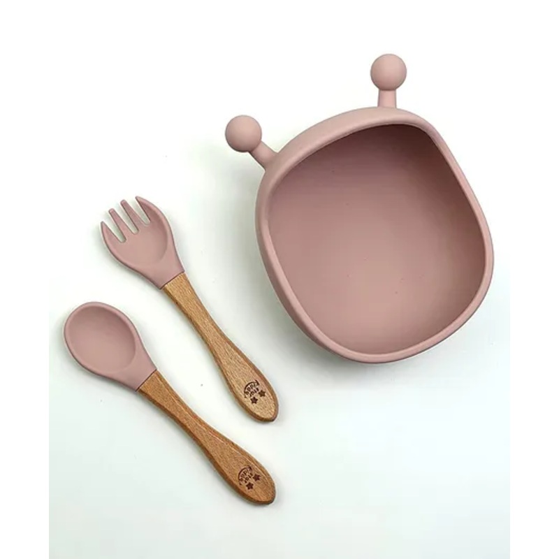 StarKiddo Cute Star Buddy Premium Food Grade Soft Silicone Baby Bowl with Suction Soft Silicone Trainer Spoon and Trainer Fork – Pink