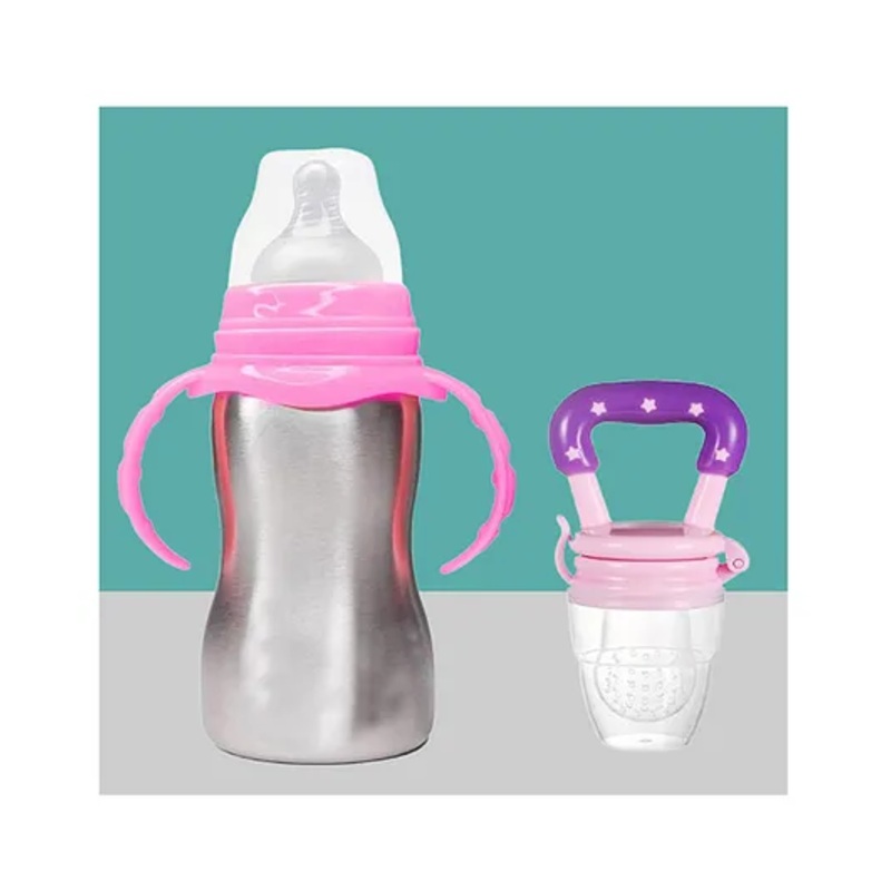 The Cheeky Kidzz Baby 2 in 1 Multi-functional Baby Stainless Steel Milk Juice Feeding Bottle Cum Sipper Bottle With Fruit Food Feeder Soother Teether Bpa Free (Pink-purple) 240 ml