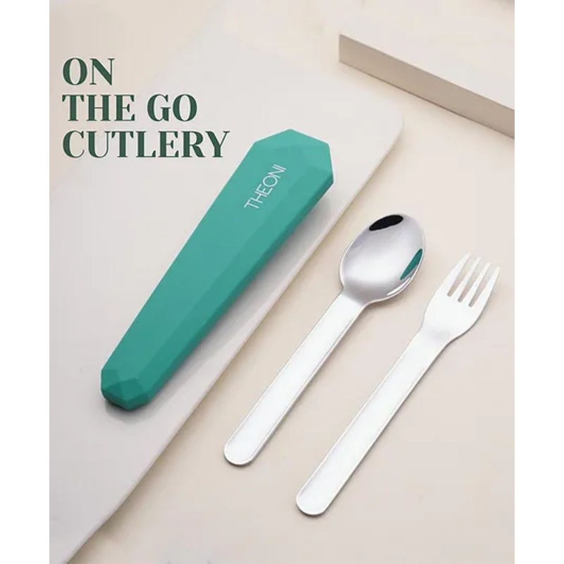 Theoni On-the-Go Stainless Steel Cutlery Set for Kids BPA Free, Dishwasher Safe Travel Spoon & Fork with Silicone Case Mint Green