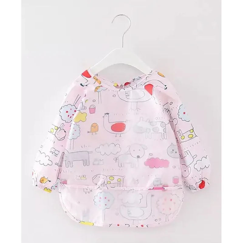 Thread Fairy Full Sleeves Washable Waterproof Baby Feeding Bibs Baby Bib Shirt with Pocket My Farm Medium – Pink