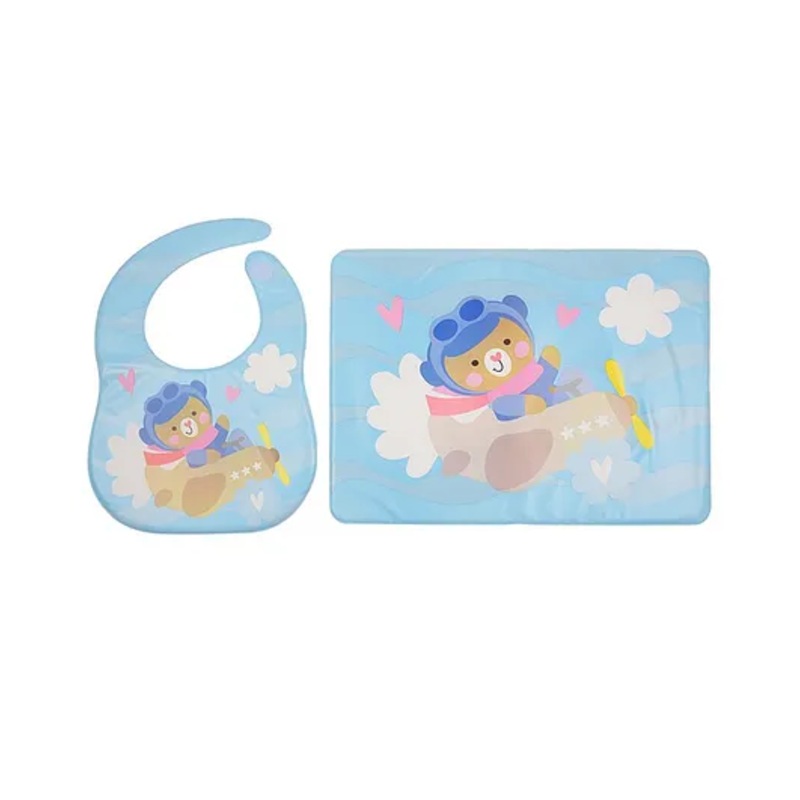 Yellow Bee Feeding Bib With Mat Flying Bear Print – Blue